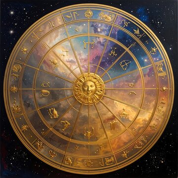 A golden zodiac wheel on a starry background with colorful galaxy
