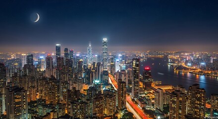 Obraz premium Cityscape at night illuminated skyscrapers and crescent moon over metropolis