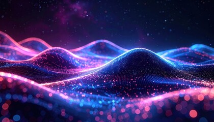Fototapeta premium A mesmerizing abstract visualization showcases undulating waves of vibrant pink and blue light particles against a deep, dark background, creating a futuristic and ethereal atmosphere.