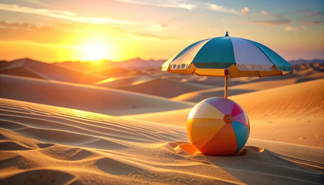 A vibrant beach umbrella and colorful ball sit nestled in the golden sands of a desert landscape, bathed in the warm glow of a stunning sunset.