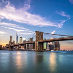 Obraz premium A picturesque view of a suspension bridge spanning tranquil water with a stunning skyline against a blue sky with soft clouds