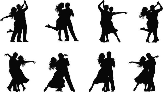 Couple dancing silhouettes set, romantic ballroom dance poses, elegant partners movement, black vector illustration isolated for wedding and celebration design