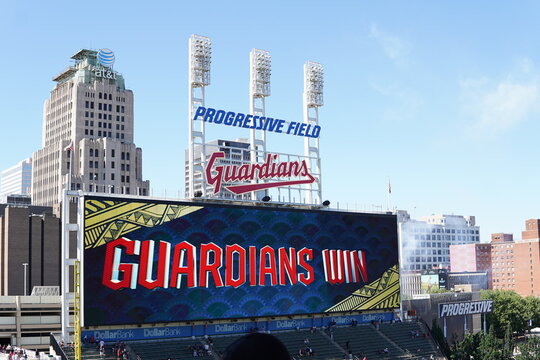The scoreboard in the outfield at Progressive Field shows the Cleveland Guardians won in Cleveland, OH on June 30, 2022.