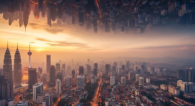 Cityscape at sunset with upside down reflection and towers