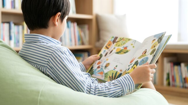 Child (Age 8) Engaged in Mindful Reading in a Light Green Beanbag: Abstract Art Picture Book, Pediatric Bibliotherapy, Cozy Library Corner - Stock Photo