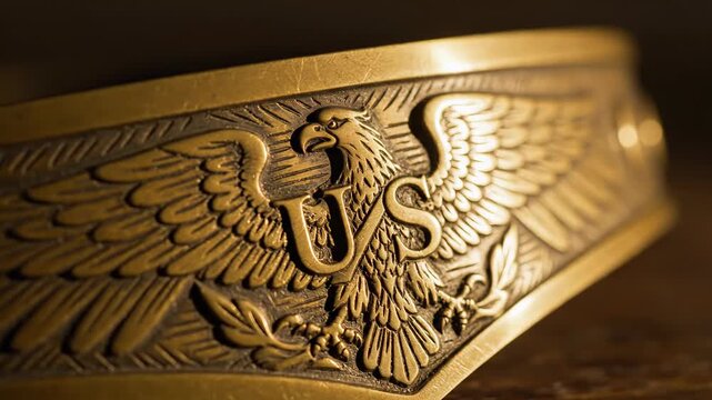 Close-up of an antique brass cuff with detailed eagle and "US" emblem, symbolizing patriotism and heritage