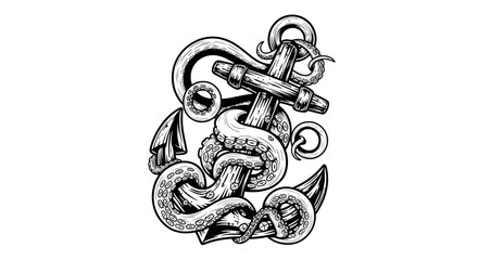 Nautical Anchor Wrapped in Kraken Tentacles, Hand-Drawn Illustration © jas