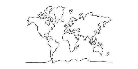 A minimalist black and white line art illustration of the global world map on a plain background. Vector, illustration © Pabon Art Gallery