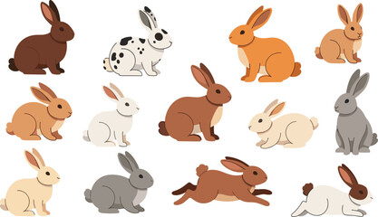 Obraz premium Rabbit Character Collection with Cute Bunny Poses in Various Colors and Styles for Animal Illustration, Pet Design, and Cartoon Collection