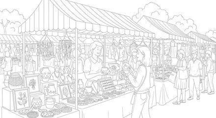 Fototapeta premium Outdoor Artisan Market Scene Drawing, People Shopping at Stalls