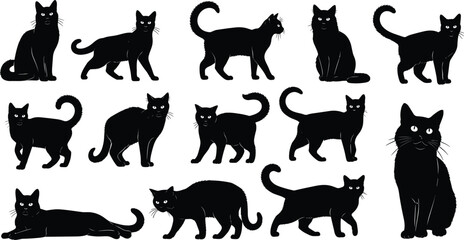 Black cat silhouette collection in various poses, minimalist feline vector set for Halloween, pet design, logo, illustration, isolated graphic © Jahanara