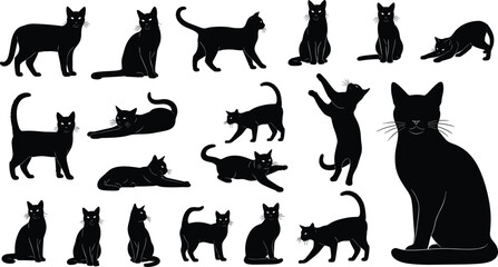 Collection of cat silhouettes in various poses, playful and sitting domestic feline figures, black minimal vector illustration isolated on white background © Jahanara