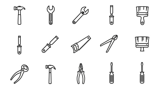 Set of Linear Icons for Tools and Construction, DIY and Repair