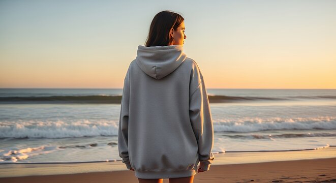 Woman wear hoodie on the beach hoodie mockup clothing design fashion casual hoodie isolated blank apparel cotton template