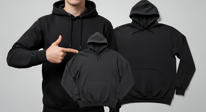 Man in black sweatshirt pointed hand black hoodies front isolated mock upcopy space cropped image hoodie mockup clothing design fashion casual hoodie isolated blank apparel cotton template