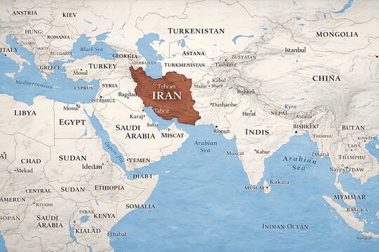 Asia Map with Iran Highlighted in Brown and Dark Gray Countries, Detailed Political Geography