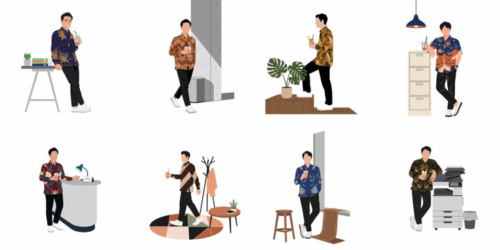 Set of illustrations depicting a man in traditional Indonesian batik shirts posing in various modern office and indoor settings with a drink.