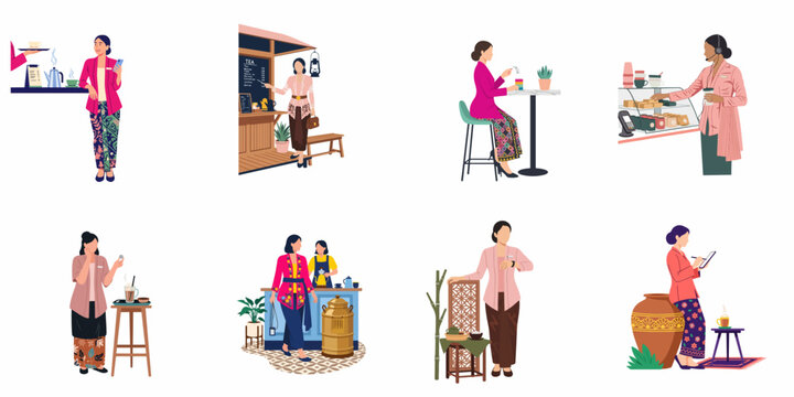 Flat vector illustration set of modern Indonesian women in traditional kebaya working and relaxing in various cafe and hospitality settings.
