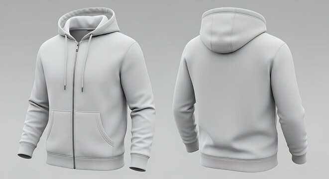Stylish mens hoodie template 3d rendering with zipper pocket ties for design presentation front back hoodie mockup clothing design fashion casual hoodie isolated blank apparel cotton template