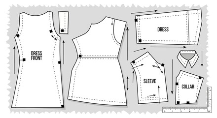Sewing Pattern Pieces for a Dress: Front, Sleeve, Collar, and Skirt © jas