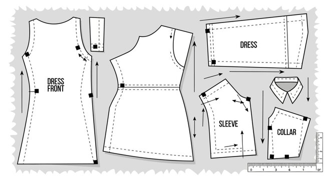 Sewing Pattern Pieces for a Dress: Front, Sleeve, Collar, and Skirt