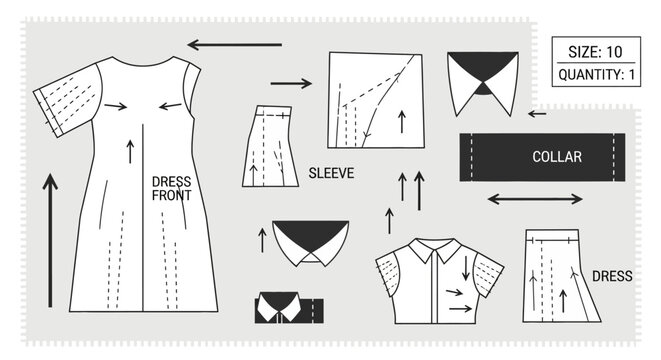 Sewing Pattern for a Dress: Front, Sleeve, Collar, and Skirt Pieces