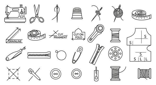 Sewing Tools and Notions Icon Set: Handmade Craft Supplies and Tailoring Equipment