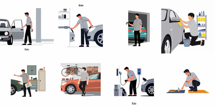 Vector illustration set showing a man engaged in various car maintenance activities including washing, charging, inspecting, and parking in a home garage.