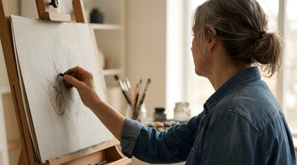 Fototapeta premium Mature Adult Woman Engaging in Mindful Art Therapy: Charcoal Drawing from Behind the Shoulder at a Wooden Easel