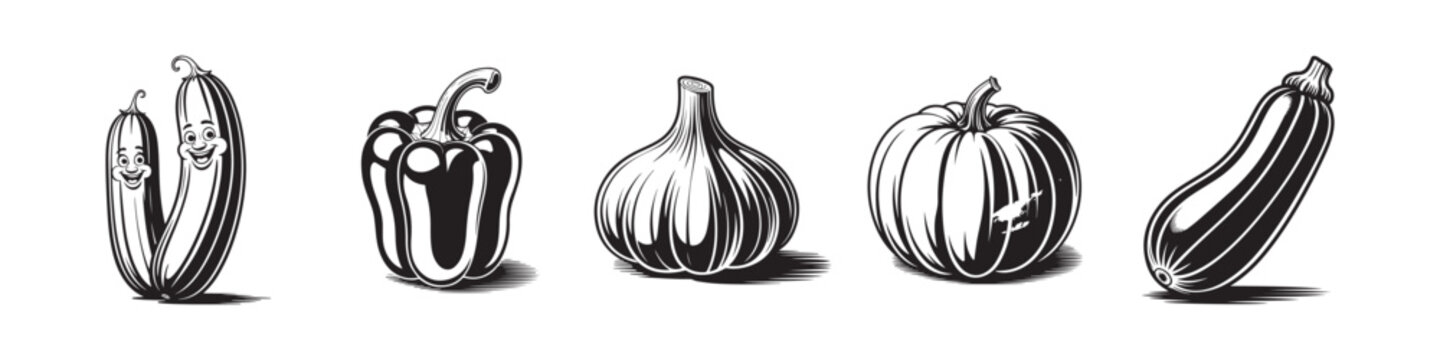 Vintage Vegetable Linocut Illustration Set: Black and White Woodcut Style Icons of Cucumber, Bell Pepper, Garlic, Pumpkin, and Zucchini for Organic Food and Agriculture Design.