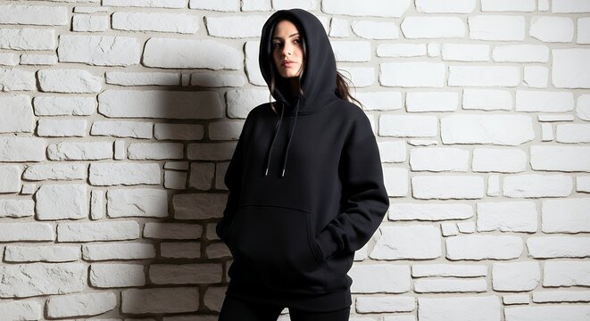 Girl in template blank black sweatshirt isolated on white natural stone wall hoodie mockup clothing design fashion casual hoodie isolated blank apparel cotton template