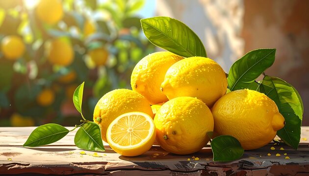 Fresh Lemons with Green Leaves on Wooden Surface.