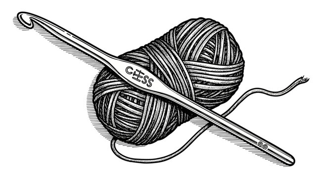 Vintage Crochet Hook and Yarn Ball - Handcrafted Hobby Illustration