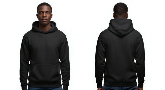 Mockup of a male black hoodie on a young guy on an isolated background set with a pose in front and behind hoodie mockup clothing design fashion casual hoodie isolated blank apparel cotton template
