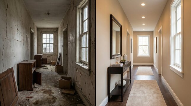 Transformation from neglected abandoned space to bright modern hallway with fresh paint and stylish decor