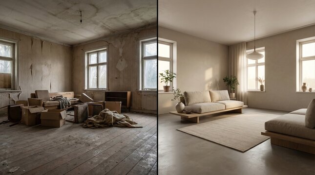 Transformation of an abandoned living room into a modern minimalist space with natural light