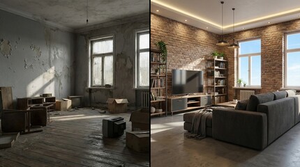 Obraz premium Transformation of a Living Room from Unfinished and Dilapidated State to Modern Renovated Space with Stylish Decor and Bright