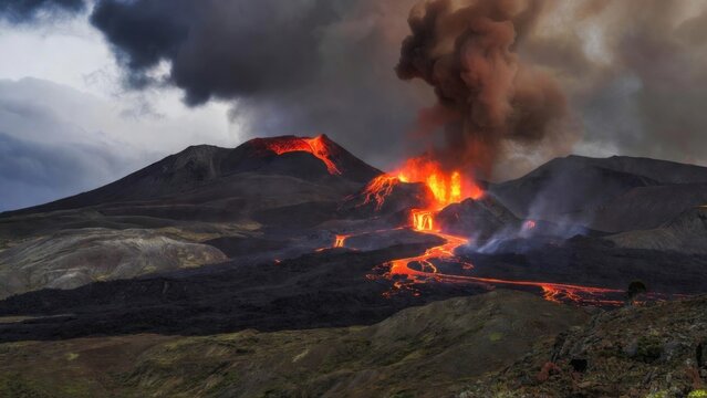 Volcanic eruption bursts with fiery orange glow