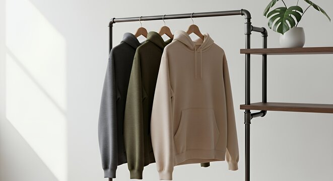 Modern hoodies hanging on rack and light wall hoodie mockup clothing design fashion casual hoodie isolated blank apparel cotton template
