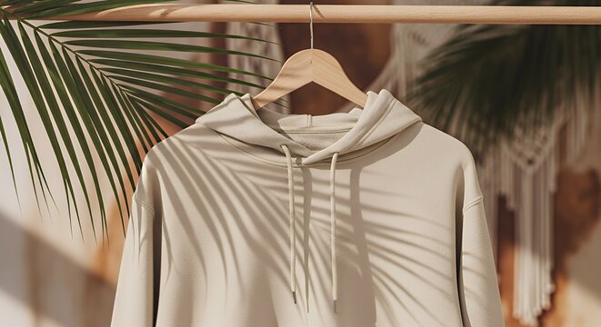 Sand sweatshirt mockup on a hanger blank mockup with boho backgrounds and palm leaf hoodie mockup clothing design fashion casual hoodie isolated blank apparel cotton template