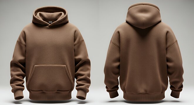 Blank brown textured trendy fleece hoodie mockup front and back view hoodie mockup clothing design fashion casual hoodie isolated blank apparel cotton template