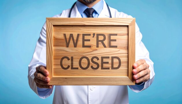 A healthcare professional in a white coat holds a wooden sign displaying the message 'We're Closed' against a light blue background, conveying a temporary closure or unavailability of services.