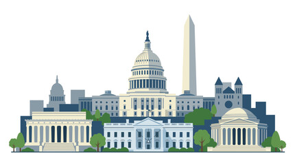 Obraz premium Washington DC skyline vector illustration in flat color design featuring famous capital city landmarks including the Capitol building.