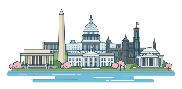 Washington DC skyline vector design featuring spring cherry blossoms, river water, and famous capital landmarks like the Capitol and monument in a flat colorful illustration.