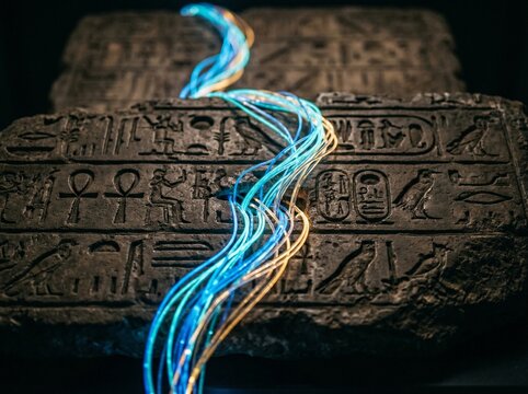 Glowing Fiber Optic Cables Illuminating Ancient Egyptian Hieroglyphs