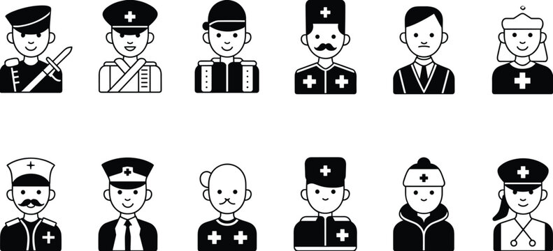 Collection of twelve black silhouette icons representing medical personnel and military medics, including doctors, nurses, and healthcare workers with uniforms, hats, and stethoscopes, 