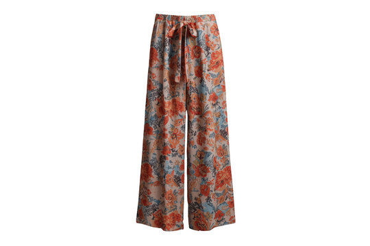 Floral wide-leg drawstring pants featuring orange and blue flowers, comfortable summer fashion with relaxed fit, cutout on transparent background