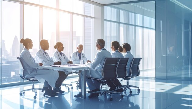 A group of medical professionals in white coats are engaged in a serious discussion around a conference table in a modern, brightly lit office with a city view.