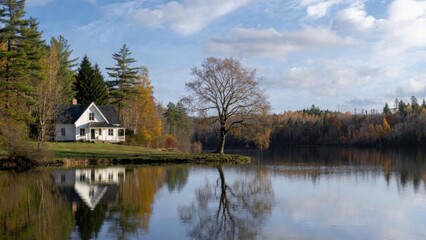 Fototapeta premium Cozy cottage reflects in calm lake waters