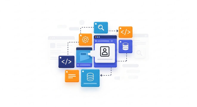 Web development concept with coding symbols and browser window on white background illustrating programming and digital design elements in a modern tech interface